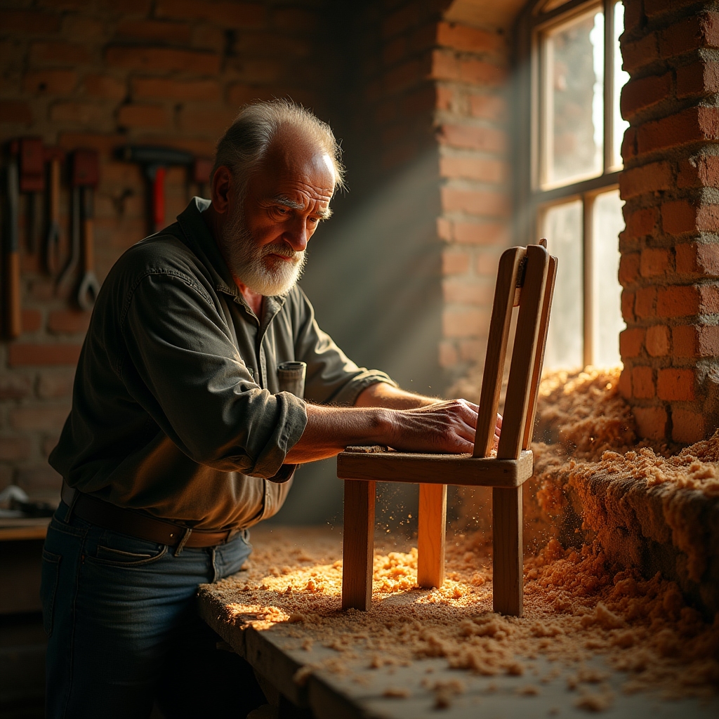 Tâmplar care lucrează manual într-un atelier propriu de tâmplărie