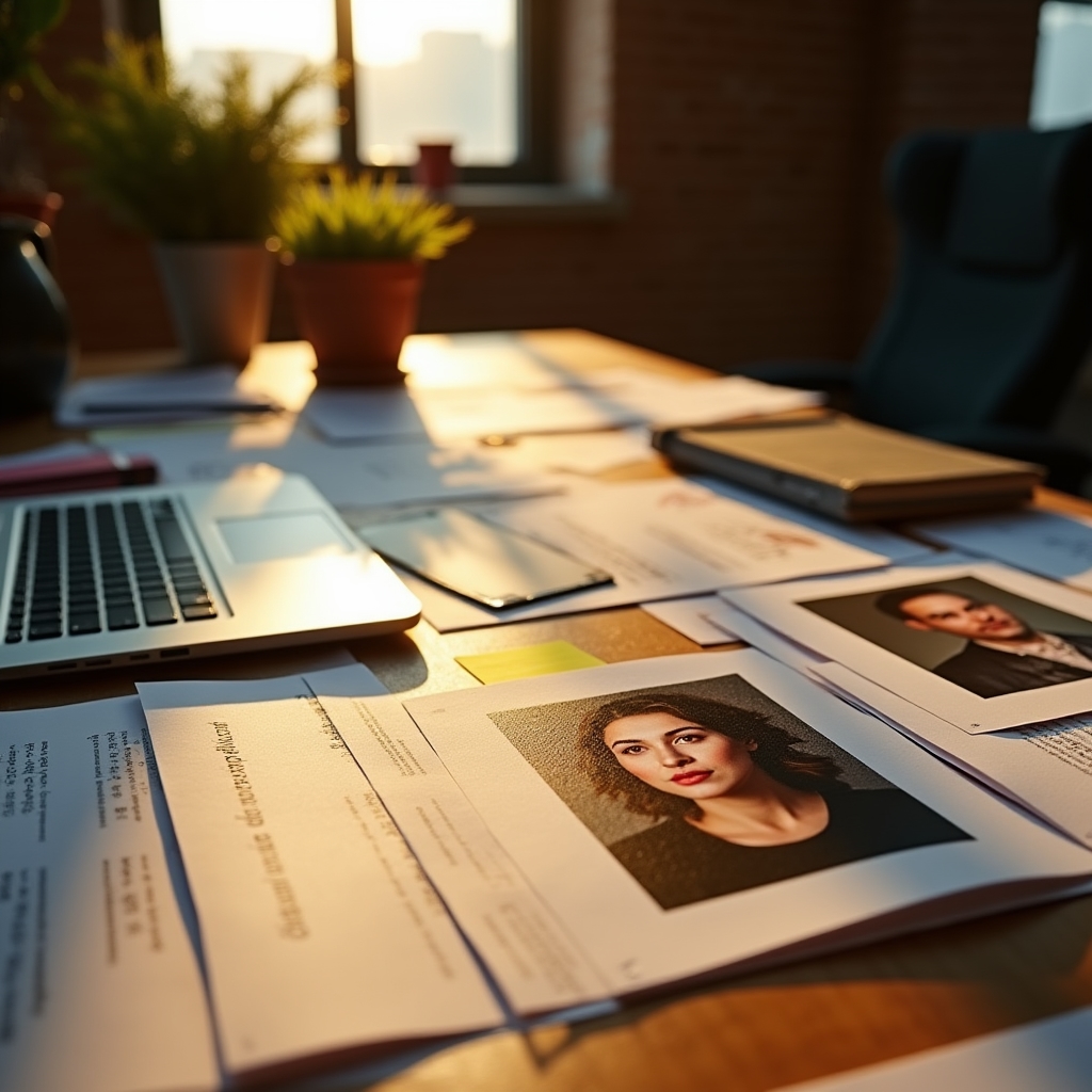 Detaliu al unui birou editorial cu fotografii tipărite și notițe de interviu împrăștiate